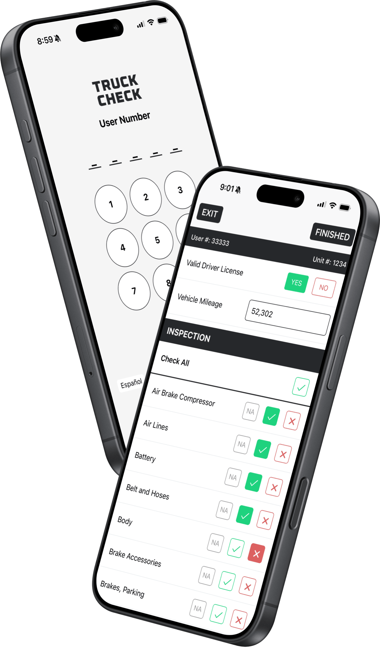TruckCheck mobile app inspection screen